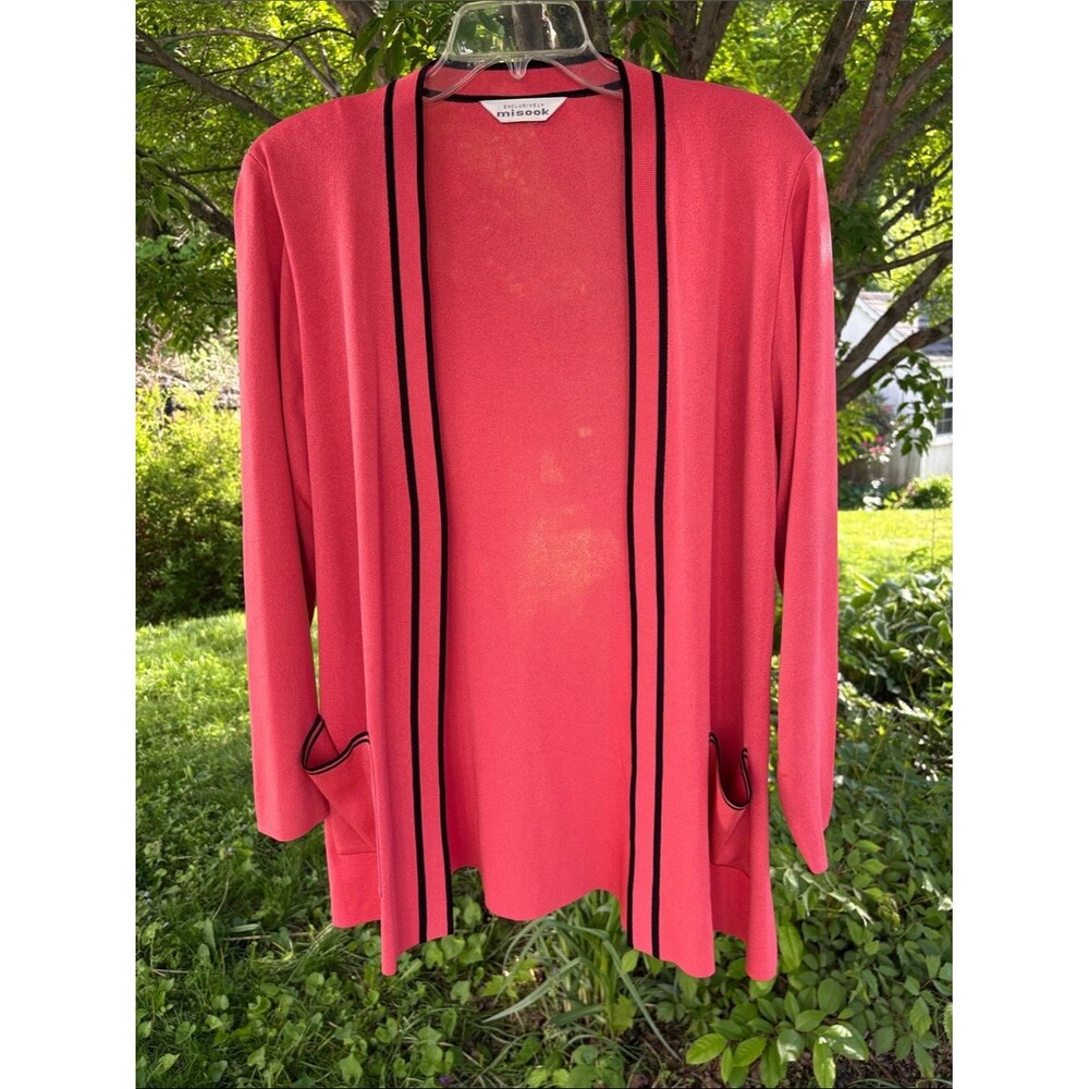 Misook Coral Open-Front Cardigan with Black Piping